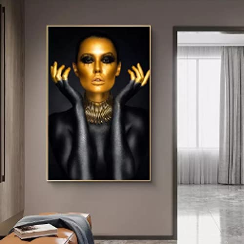 Cuadro de lienzo de mujer negro y oro 50x70 cm póster de cara dorada sin marco 3
