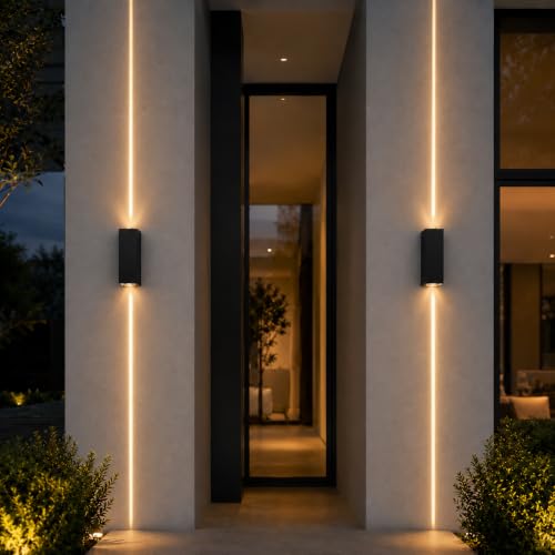 Image of Bofea-Outdoor Waterproof Wall Sconce Black Aluminum Construction with Dual Up /Down LED Lights Outside Wall Lights Ideal for Patio, Garden, and Porch Lighting(One Main Beam Up and Down)