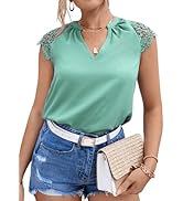 BEAUDRM Women's Elegant Cap Sleeve Notched V Neck Casual Contrast Lace Regular Fit Blouse Shirts Top