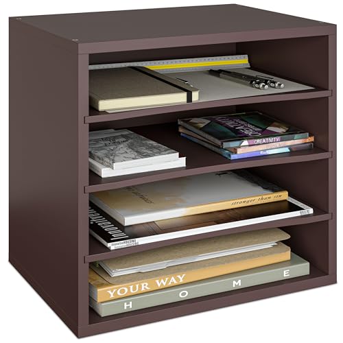 Ballucci 4-Tier Paper Organizer, Desk File Organizer, Stackable Letter Tray, Wood Mail Sorter with Adjustable Storage Shelves, Office Desk Organizer, Dark Brown, Espresso