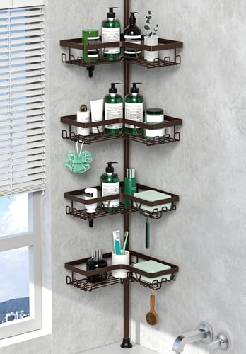 DAOYA Corner Shower Caddy Tension Pole - Adjustable 4-Tier Shower Shelf Stainless Steel Corner Tension Rod Bathroom Organizer Shampoo Holder with Soap Holders & Hooks for Bath Tub Floor Space Saving