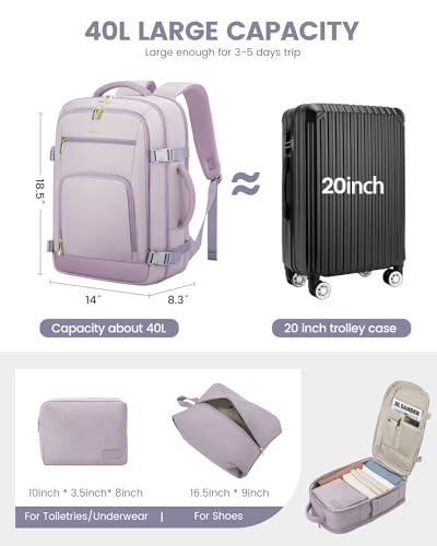 Image of LOVEVOOK Travel Backpack For Women, 40L Carry On Backpack Flight Approved, TSA Personal Item Travel Bag Fits 17 Inch Laptop, Business Weekender Overnight Waterproof Daypack With 2 Cubes, Light Purple