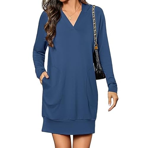 Totatuit Women Oversized Hoodies Dress Casual Long Sleeve V-Neck Hooded Sweatshirt Dress with Pockets 2025 Fall Outfits Dark Blue X-Large