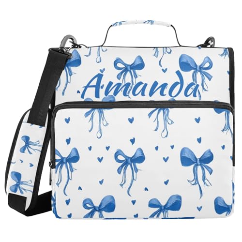 Image of Custom 3 Ring Zipper Binder Blue Bows Ribbons Polka Dots Personalized Name 1.5 inch Binders Large Capacity Multi Pockets for School Office Supplies