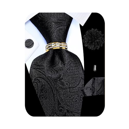 Image of 5PCS Tie and Pocket Square for Men, Silk Necktie and Handkerchief Cufflinks with Gold Ring and Lapel Pin Set