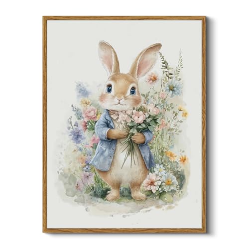 Image of HUARCEY Easter Bunny Framed Canvas Wall Art 12"x16", Cute Rabbit with Colorful Flowers Print, Rustic Cottagecore Watercolor Animal Artwork for Mother's Day Spring Nursery Wall Decor