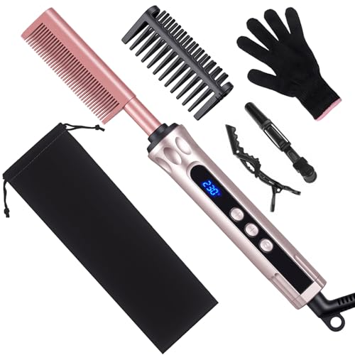 Hot Comb for Wigs & Afro Hair Ceramic Heated Straightening Brush with 14 Heat Settings Anti-Scald Auto Shut Off Dual Voltage Travel Hair Straightener for Black Women Styling