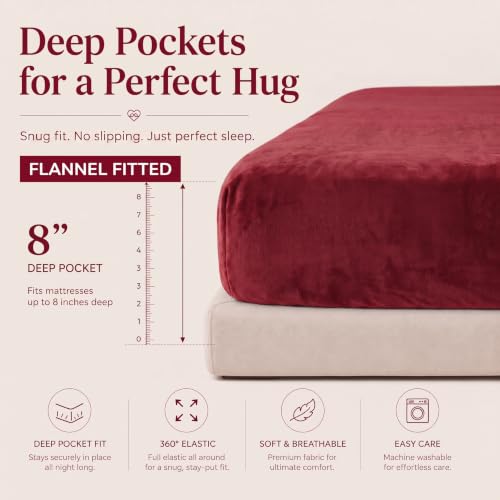 Image of BSB HOME 280 GSM Warm Plush Fitted Bedsheet, Soft Cozy Stretchable Mattress Sheet with Elastic Fitted Corners, Comfortable Winter Bedding for Double Bed, 72 x 78 + 8 Inches(183x198+20 cm) - Wine Red