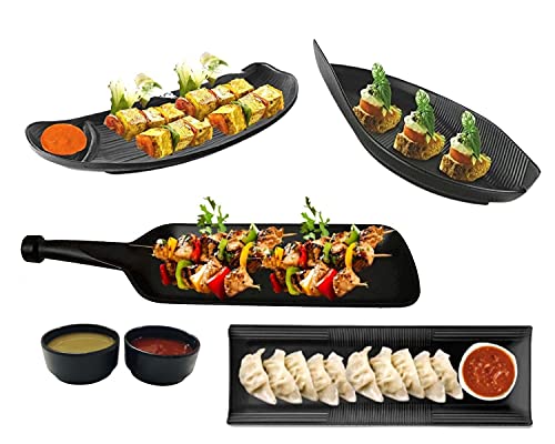 Image of Melamine 6 Pcs Black Serving Platter Combo for French Fries, Momos, Rolls Dessert and Snacks Serving /Tray (Matt Black, Combo of 6 Pcs)