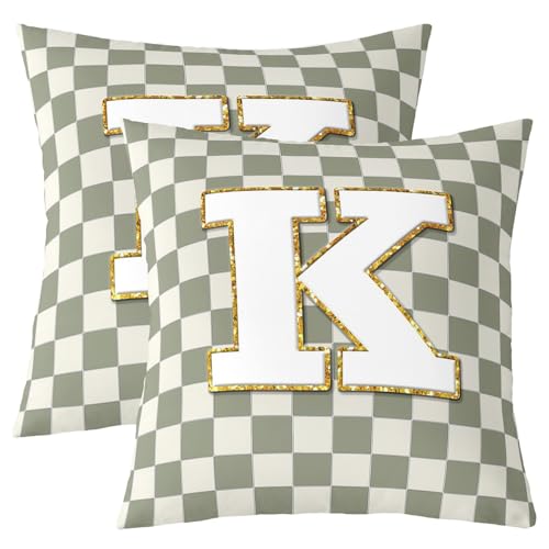 Image of Erosebridal Sage Green Checkered Throw Pillow Covers 22x22 Set of 2 Plaid Initial K Cushion Cover Personalized Monogram Throw Pillow Case for Bed Couch Sofa Fashion Grids Gingham Home Decor