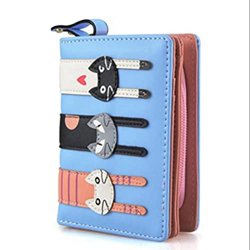 jieerrui Billetera de Cuero Bifold PU de la Cartera Corta de los Gatos de la Cartera Corta de Las niñas con el Bolsillo de la Moneda con Cremallera (Azul Claro) Cover