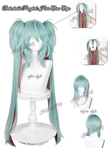 Image of Half and Half Green Ponytail Anime Wig Light Teal Little Devil Cosplay Twin Tails Wigs 37.5'' Gothic Lolita Singer Costume Wigs for Women Halloween Party Daily