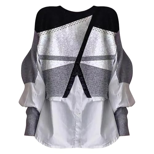 Sweaters for Women Trendy Lantern Long Sleeve Crewneck Shirts Spliced Two Knitted Sweater Spring Fall Fashion Clothes3