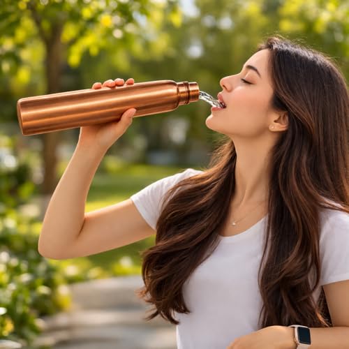 Image of JAIPUR ACE Hammered Pure Copper Water Bottle with Glass Set | 100% Copper Bottle Set | Leak Proof, Ayurvedic Health Benefits, Premium Design Gift Set for Home, Office, Gifting (Plain Copper bottle)