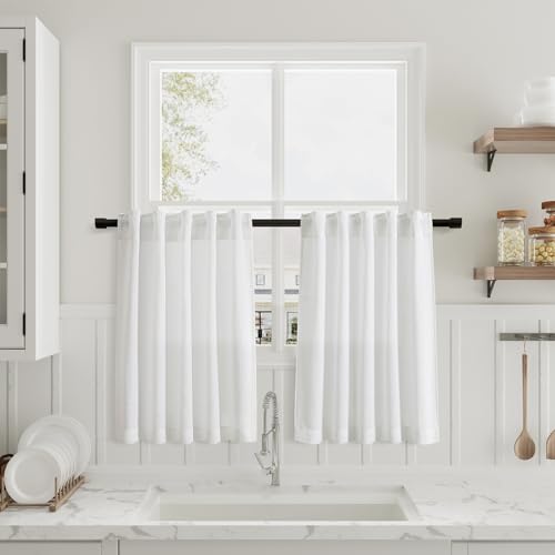 Off White Tier Curtains for Kitchen Windows 24 Inch length Back Tab Linen Small Cafe Curtain Half Window Country Rustic Farmhouse Semi Sheer White Short Drape for Basement RV Laundry Camper 30x24