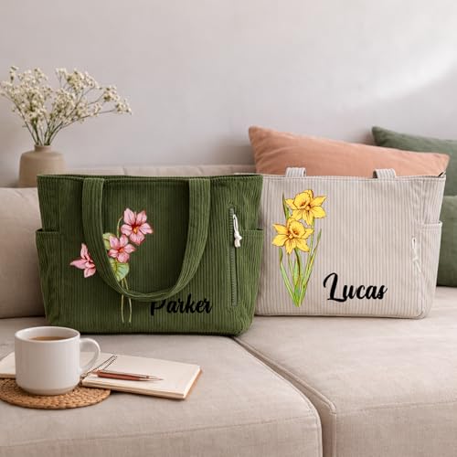 Bolso Tote de pana personalizado con flor de nacimiento para mujer miniatura 2