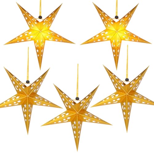 VALICLUD 5pcs Paper Star Lanterns Ceiling Hanging Lampshade for LED Light Wedding Birthday Christmas Party Decoration 30cm Gold