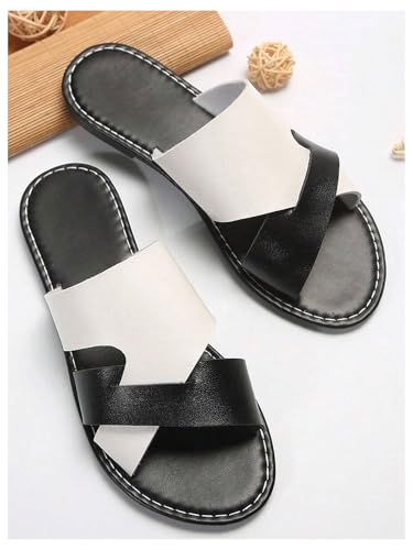 Image of Verdusa Women's Color Block Flat Leather Sandals Open Toe Vacation Slip on Slides