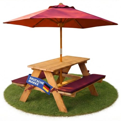 Coemo Ensemble de sièges d'extérieur Robustes pour Enfant avec 2 Coussins - Table de Pique-Nique pour Jardin et Balcon - Table de Jeu en Bois - Couleur...