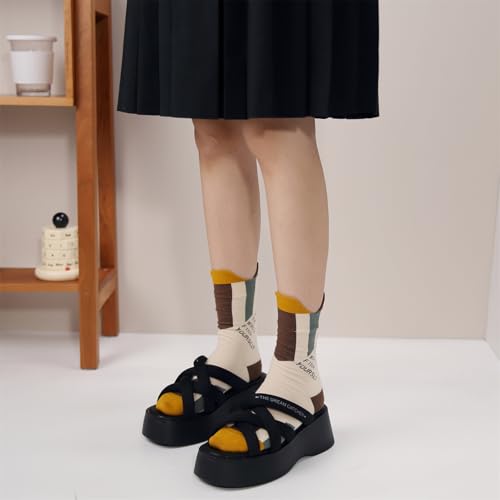 Yomutiur Patterned Crew Socks for Women, Cute Cotton Floral Dress Socks Size 5 Pairs2