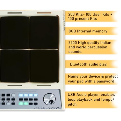 Image of M Studio MSP30 Pro Electronic Drum Pad with 8 Velocity-Sensitive Pads, LCD Display, Built-In Sounds & MIDI Controller - Portable Digital Drum Kit (White)