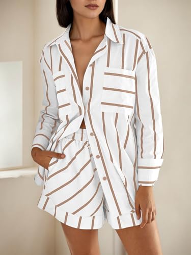 Image of Tankaneo Womens Striped 2 Piece Outfits Button Down Shirts and Shorts Lounge Matching Sets