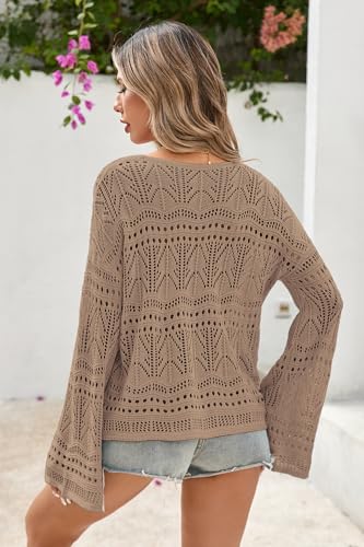 Cakulo Womens Spring Summer Crochet Bell Sleeve Tops Off The Shoulder Knit Sweater Top Beach Cover Up2