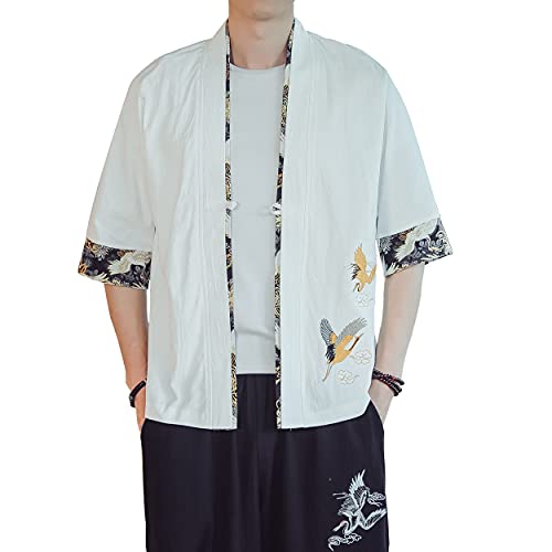 Image of PRIJOUHE Men's Kimono Jackets Cardigan Lightweight Casual Cotton Blends Linen Seven Sleeves Open Front Coat Outwear