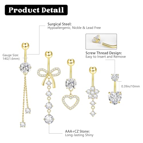 14G Clicker Belly Button Ring, Dangle Belly Button Rings, Surgical Stainless Steel CZ Cute Navel Body Piercing Jewelry for Women, Gold/Silver/Pink2