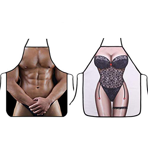 Funny Gag Sexy Bikini Aprons - 2 Pack Waterproof Apron Novelty Kitchen Cooking Apron Party Aprons Naked Man & Bikini Girl Novelty Aprons For Couples (Black Man+Lace Lady) #TOP7