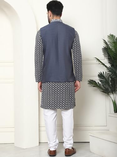Image of SOJANYA (Since 1958 Men's Cotton Contrast Embroidered Kurta and White Pyjama with Embroidered Nehru Jacket