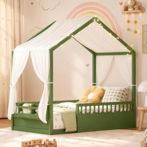 Image of Bellemave Twin House BedFrame with Canopy, Montessori House Bed with LED and Bookshelf and Rails for Kids, Green