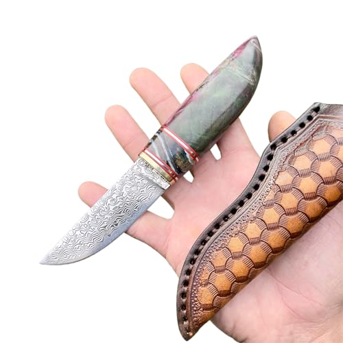 Obespina Couteau Artisanal Insert Fossile Lame Fixe Acier Damas Manche Bois Stabilisé Vert Collection Custom Cadeau Homme Suminagashi VG10 Étui cuir Style Japonais forge artisanat tranchant
