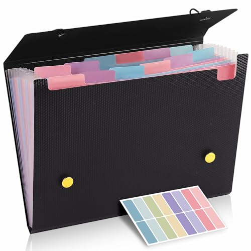KONVINIT Fächermappe,Dokumentenmappe A4 mit 13 Taschen Ordner Organizer mit Deckel Document Organizer Ordnungsmappe Mappen Ordnersystem für Zuhause Schul Büro,schwarz