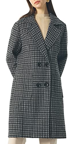 Image of chouyatou Women Elegant Notched Collar Double Breasted Wool Blend Over Coat (Medium, Black-Plaid)