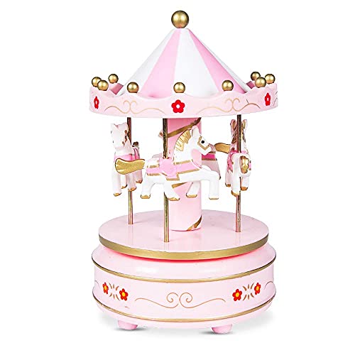 kabinga Carrusel01 Carrusel Caja de Música de Caballo de Madera Decoración Interesante para Cumpleaños,Flor rosa1, Wood, Pink, m Cover