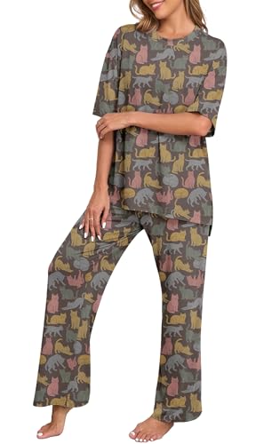 Image of PrinStory Womens Pajamas Sets 2 Piece Lounge Set Short Sleeve Tops and Long Pants Soft Pjs Loungewear with Pockets