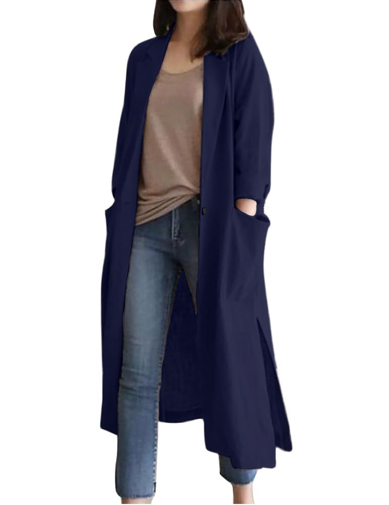 IDEALSANXUN Womens Long Cotton Linen Blazer Casual Spring Jackets Trench Coat
