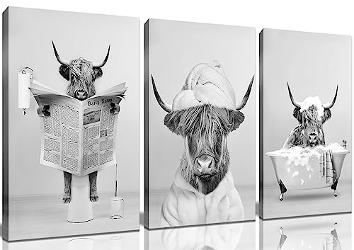 Framed 3Pcs Black And White Highland Cow Wall Art Bathroom Decor Canva Poster Printing Canvas Artwork Living Room Apartment Bedroom Bathroom Office Hotel 12X16Inch Ready To Hang #TOP15