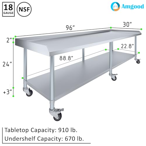 Image of AmGood Stainless Steel Equipment Stand with Undershelf + Casters, Heavy Duty, Commercial Grade, NSF Certified (30 inch Width x 96 inch Length + Casters)