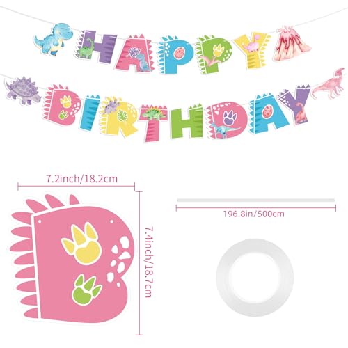 Image of Hooqict Happy Birthday Banner Pink Dinosaur Birthday Decorations Dinosaur Party Banner Garland Sign for Kids Girls 1st 2nd 3rd Dino Themed Birthday Party Decorations Supplies