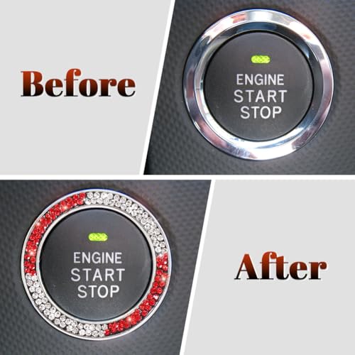 Image of ToBeQueen White and Red Bling Push to Start Button Ring Emblem Sticker, Crystal Diamond Rhinestone Start Buttone Cover Car Decor, Red and White Car Accessories for Women