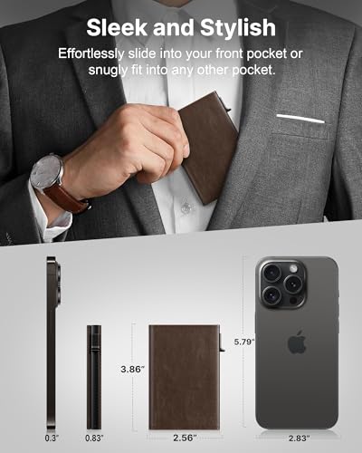 Image of typecase Mens Wallet Card Holder: Pop Up Aluminum Case, Genuine Leather, Smart, RFID Blocking, Slim, Minimalist, Front Pocket - 9-14 Card Capacity | ID Window | Cash Slot (Black Brown)