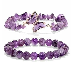 GolbalJew Amethyst Bracelet For Women Anxiety Amethyst Beaded Bracelets Butterfly Charms Healing Stone Layered Bracelet Gifts For Women