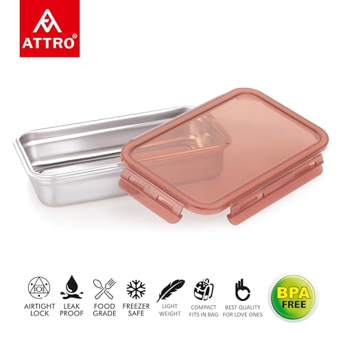 Image of Attro Steelox Rectangle Stainless Steel Container with Plastic Seal Lid BPA Free Food Grade Leak-Proof Ideal for School, Office & Outdoor Lunch Pack - 560ml Brown