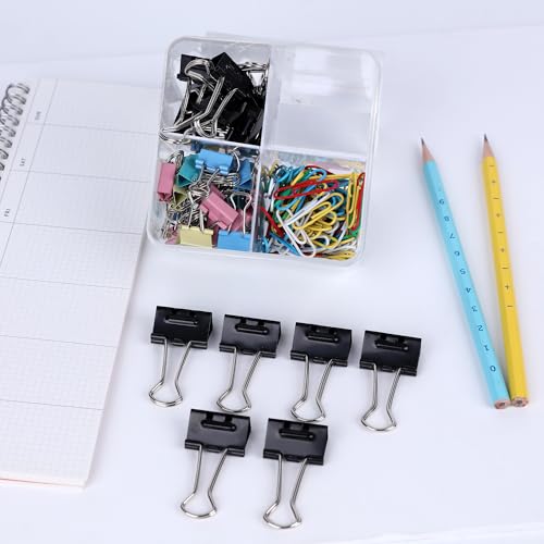 Image of BRUSTRO Assorted Clip Box | Includes 120 Paper Clips-28mm & 56 Binder Clips (25mm- 6 pcs| 19mm- 15 pcs| 15mm- 35pcs) | Home, Office, Stationery use, Ideal for Kids and Adults, Reusable, Flexible