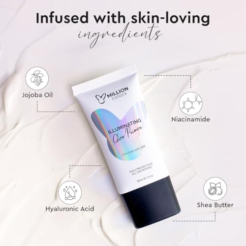 Image of Million Colors Illuminating Strobe Cream for Face | Gold Strobe Cream + Primer + Face Highlighter | Hydrating Makeup Base with SPF |Infused With Niacinamide, Hyaluronic Acid, Jojoba Oil & Shea Butter for Radiant Skin 30ml