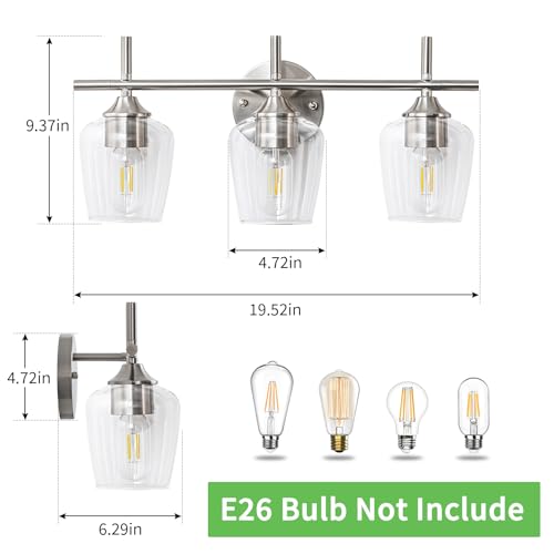 Image of foucasal Bathroom Lights 3 Light, Modern Bathroom Vanity Light Fixtures Over Mirror with Clear Glass Shade, Wall Sconce Lamp for Bedroom Hallway Living Room Kitchen, Nickel Brushed Finish