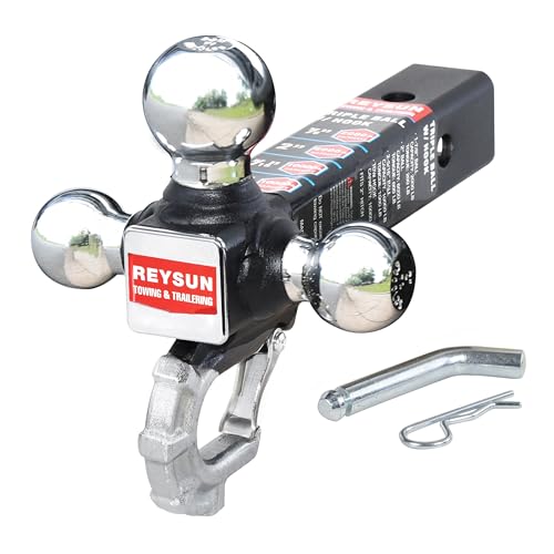 Image of Trailer Hitch Tri-Ball Hitch with Hook, Tactical Tow Ball Hitch, Fits 2-inch Hitch Receiver, Chrome Triple Balls with Hitch Pin and Clip