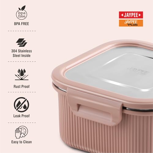 Image of Jaypee Plus Ultima Micro Seal Microwave Safe Air Tight Food Storage Container 800 ml Inner Stainless Steel Rib Design Spillproof Lunch Box for School, Office, Ideal for Snacks and Meal, Pink